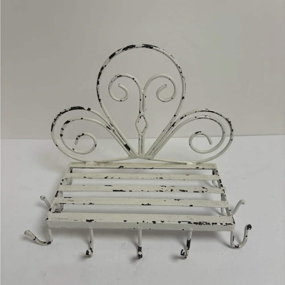 Vintage White Metal Wall Shelf With Cup Hooks